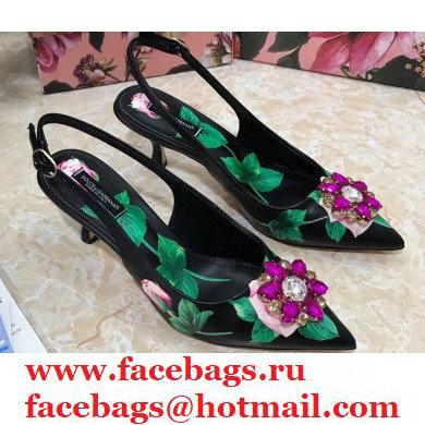 Dolce & Gabbana Heel 6.5cm Leather Print Slingbacks with Crystal Flower 01 2021